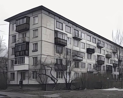 Внешний вид здания серии 1ЛГ-502 (поздняя версия с обычным торцевым балконом)